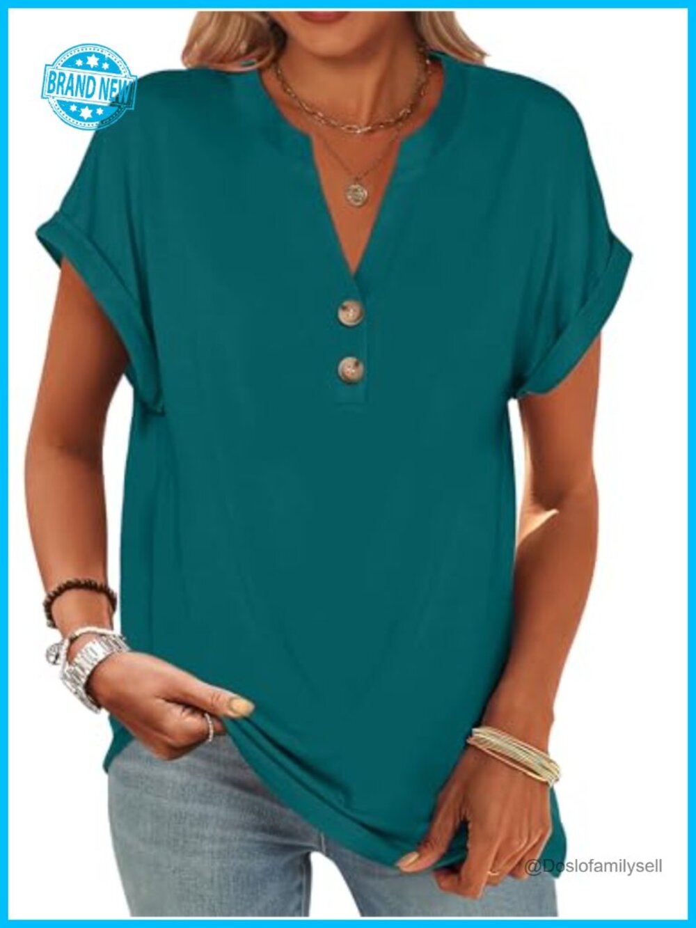 Short Sleeve Henley V-Neck Blouse Loose Fit Tunic Tee